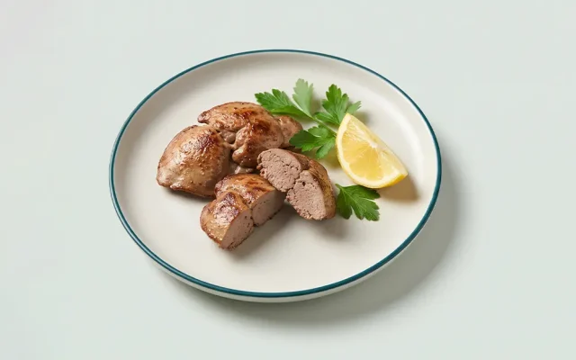 تکه‌های جگر مرغ پخته و سرخ‌شده روی بشقاب سفید با جعفری و برش لیمو