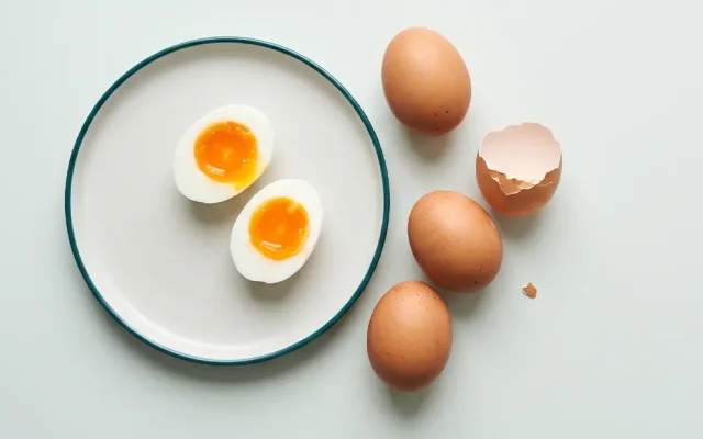دو نیمه تخم‌مرغ عسلی با زردهٔ نارنجی روی بشقاب سفید و تخم‌مرغ‌های قهوه‌ای کنار آن