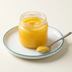 شیشهٔ روغن حیوانی طلایی و قاشق روغن کنار آن